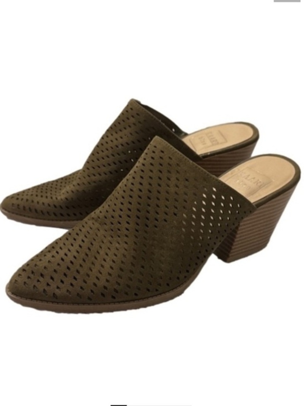 KAARI Blue Suede Slip On Mules in Olive Green Women’s shoes size 6